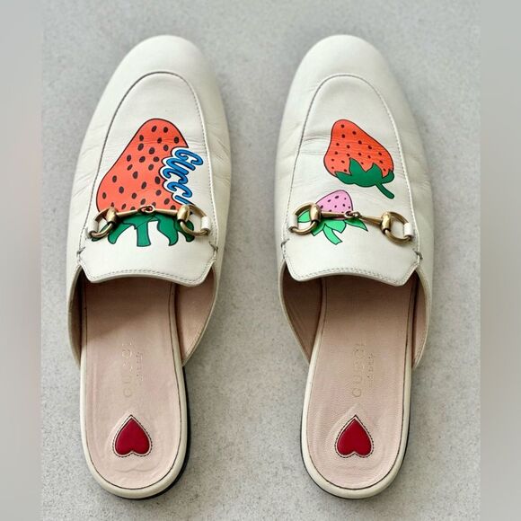 Gucci Princetown Leather Off White Strawberry Slip on Horsebit Flat Mules Sz 38 - Picture 4 of 12